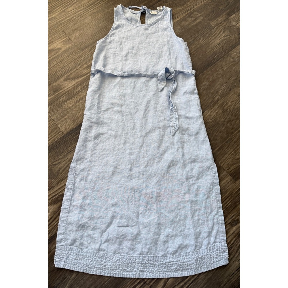 Denim 100% Linen Sleeveless Tie Waist Maxi Dress Side Slits Cottagecore Country